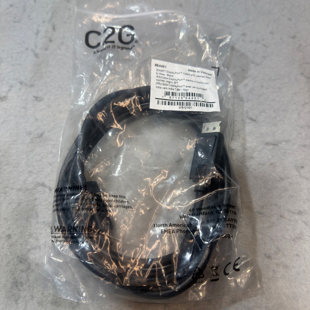 C2G DisplayPort Cable Unisex 6FT Black Latched Male to Male 54401 New In Package